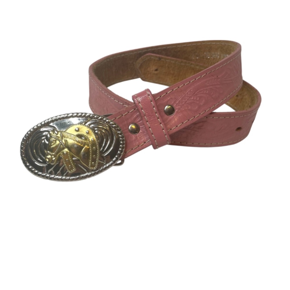 Pink Leather Belt-Youth Girls-Tooled Stamped-Western Belt
